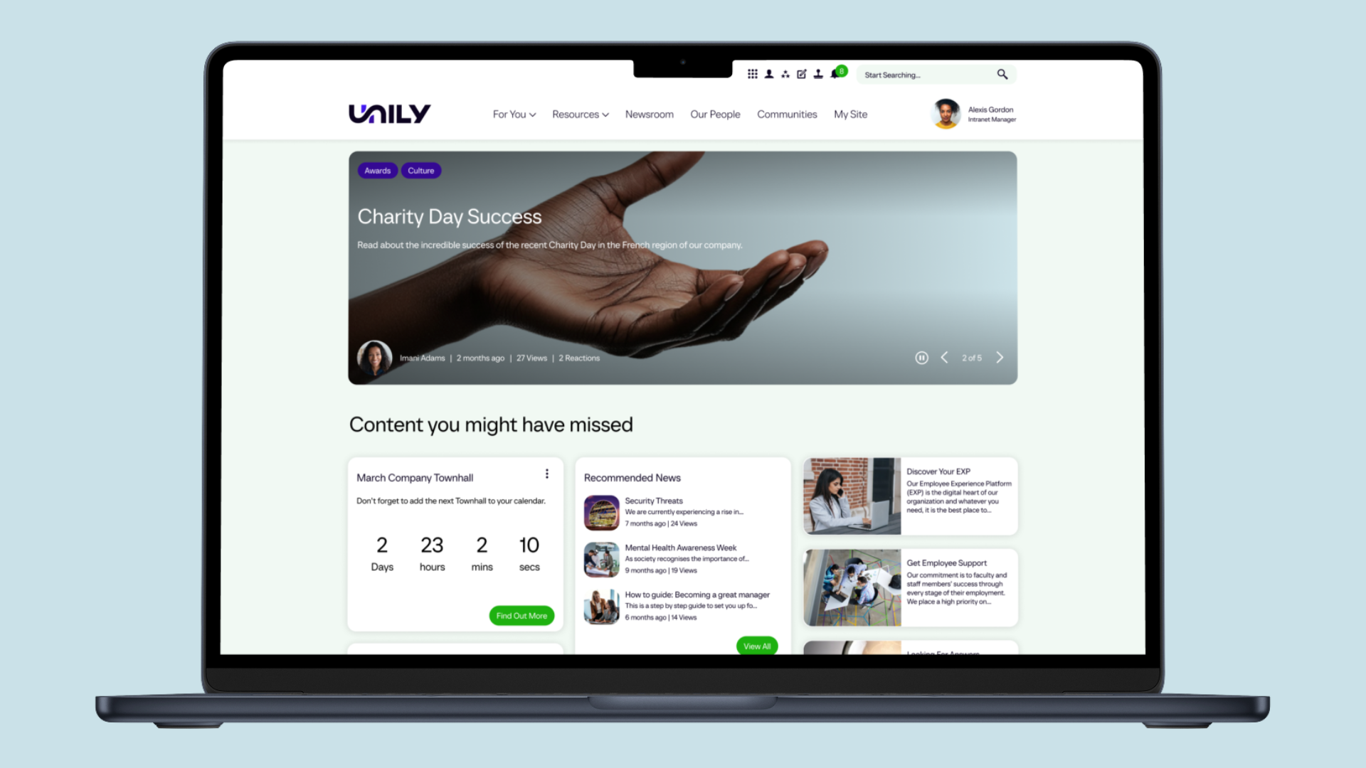 Unily enterprise intranet dashboard showing personalised employee news and workplace resources